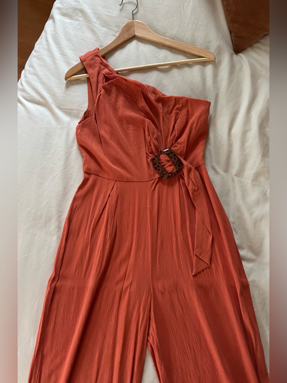 One-Shoulder Rust Womens Jumpsuit with Waist Buckle